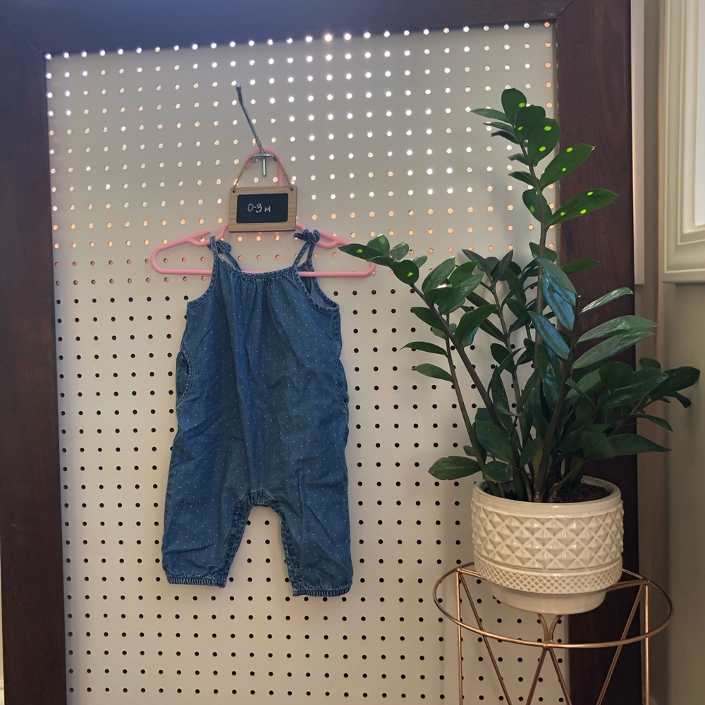Jean jumper body suit with small white polka dots